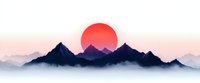 Mountain range silhouette against pink sky with large red sun, layered misty peaks create dramatic minimalist landscape for wall art and design projects.