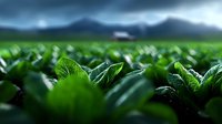 Lush green cabbage field stretches toward misty mountain range at dawn, fresh organic produce growing in rows creates dramatic agricultural landscape.