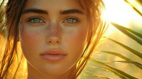 Close up portrait of young woman with freckles and green eyes in warm sunset light through palm leaves, natural beauty skincare concept.