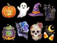 Halloween clipart set with pumpkin, ghost, witch hat, black cat, cauldron, bat, sugar skull, and candy corn, isolated on transparent background, ready for stickers and t-shirt design.