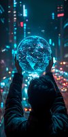Silhouette of person holding glowing digital earth sphere against urban night cityscape with bokeh lights, representing global connectivity and future technology.