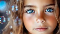 Young face with bright blue eyes, natural freckles and gentle smile surrounded by floating soap bubbles creating dreamy atmosphere against blurred background.