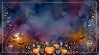 Halloween night sky background with carved pumpkins, bats and golden botanical border frame for seasonal greeting cards and party invitations.