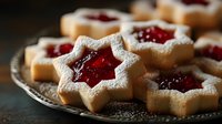 Star-shaped shortbread cookies with red jam filling and powdered sugar dusting on decorative plate, perfect for holiday baking and festive dessert tables.