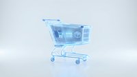Glowing blue wireframe shopping cart with e-commerce icons on light background, representing digital retail and online shopping technology.