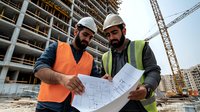 Construction workers in safety gear reviewing building blueprints at construction site with high-rise building and crane in background. Project planning and supervision.