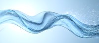 Flowing water wave with sparkling particles creating dynamic curved shape against light blue background. Fresh aqua motion effect for wellness design.