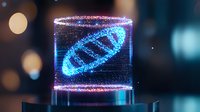 Glowing holographic DNA strand in blue light floating inside cylindrical display with sparkles and particles on dark background with bokeh effect.