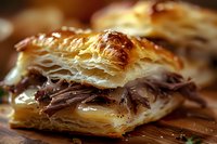 Flaky layers of golden puff pastry filled with rich chocolate cream, close-up view showing delicate pastry texture and decadent filling on wooden surface.