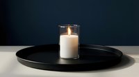 Lit white candle in glass holder centered on black round tray against dark background, suitable for home decor, wellness, and interior design projects.
