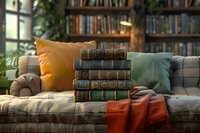 Stack of vintage leather-bound books on cozy plaid sofa with colorful throw pillows and blanket in home library setting with natural window light and bookshelf background.