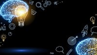 Digital brain with glowing lightbulb representing innovation, creativity and artificial intelligence surrounded by technology icons on dark background.