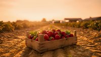 Fresh ripe strawberries in wooden crate at sunset on farm field. Organic berry harvest agriculture concept for healthy food marketing and packaging.