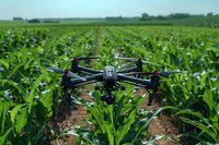 Agricultural drone hovering over green corn field rows during crop monitoring mission, showcasing modern farming technology and precision agriculture.
