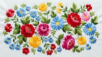 Colorful floral embroidery pattern with roses, daisies and leaves on white fabric. Traditional needlework design for textile decoration and crafts.