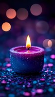 Glittering purple and blue candle with golden flame against dark background with colorful bokeh lights, creating a magical atmosphere for meditation or celebration.