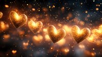Glowing golden hearts floating in dark space with magical sparkles and bokeh lights creating romantic atmosphere for Valentine's day celebrations and love themes.