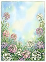 Watercolor floral frame with pink and white flowers on pastel background. Spring garden border design for invitations, greeting cards and stationery projects.