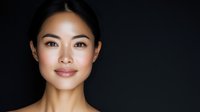 Young Asian woman with natural makeup and glowing skin against dark background for beauty, skincare, cosmetics and wellness concepts.