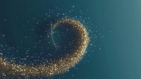 Golden glitter particles forming elegant spiral swirl on teal gradient background for luxury design projects and festive celebrations.