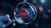 Magnifying glass revealing detailed red virus cell structure with glowing blue network connections on dark background, scientific research concept for medical studies.