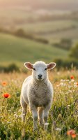 White lamb standing in wildflower meadow with rolling hills in background. Young sheep grazing in pastoral countryside landscape with red poppies and green fields.