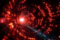 Abstract digital tunnel with glowing red binary code and light streaming through cybernetic corridor, representing data flow and network connectivity in cyberspace.