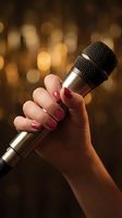 Female hand holding microphone with red manicured nails against warm bokeh lights background for karaoke singing performance entertainment.