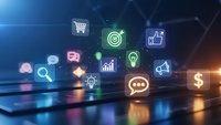 Digital marketing icons floating above smartphone screen with glowing effects on dark blue background for business technology presentations.