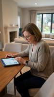 Middle-aged Caucasian businesswoman using tablet computer at home office desk wearing glasses and cardigan for remote work and digital productivity.