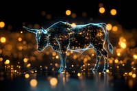 Glowing blue holographic bull silhouette with city lights texture against dark background with golden bokeh lights, representing financial market trends and technology.