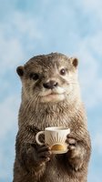 Adorable otter holding coffee cup against blue sky background. Cute animal portrait for morning greeting cards, cafe marketing, and wildlife humor concepts.