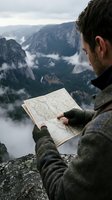 Male hiker with dark hair and beard studying topographic map while standing on mountain peak overlooking misty valley with river and forested canyon below during outdoor adventure and navigation.