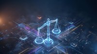Digital justice scales glowing with blue neon light over futuristic circuit board background representing legal technology and cyber law enforcement.
