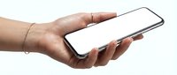 Hand holding modern smartphone with blank white screen isolated on white background for mobile app mockup and digital technology presentation.