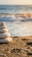 Zen stone stack on sandy beach at sunset with blurred ocean waves creating peaceful meditation and mindfulness atmosphere for wellness and relaxation concepts.