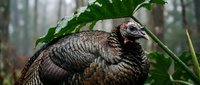 Wild turkey male with iridescent plumage and distinctive head markings in natural forest habitat with green foliage and blurred woodland background.