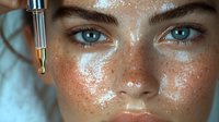 Young woman with freckles applying facial serum with dropper bottle for skincare routine and beauty treatment on glowing moisturized skin.