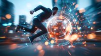 Athletic male figure in dynamic running pose against futuristic circular interface with glowing elements and motion blur effects creating dramatic sci-fi atmosphere.