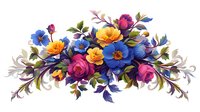 Vibrant floral arrangement featuring blue anemones, yellow poppies, and pink roses with decorative leaves and swirls on white background, isolated for design projects.