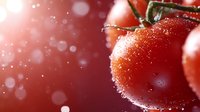 Fresh ripe tomatoes with water drops and bokeh light effects on dark background, macro photography showing juicy texture and natural freshness.