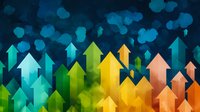 Colorful ascending arrows in rainbow gradient against dark background with bokeh effect create dynamic business growth visualization for presentations.
