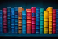 Row of colorful vintage hardcover books arranged on dark wooden shelf, spines showing vibrant shades of blue, red, yellow and green against black background.
