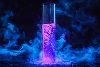 Glass test tube with glowing pink liquid and bubbles surrounded by mysterious blue smoke effect against dark background. Scientific laboratory concept.