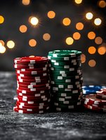Stacks of red and green poker chips on dark textured surface with golden bokeh lights in background, creating festive casino atmosphere.