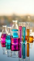 Colorful laboratory glassware with vibrant chemical solutions in beakers and test tubes on reflective surface for scientific research and education.