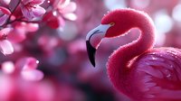 Pink flamingo portrait against blurred cherry blossom background with soft bokeh lights creating dreamy spring atmosphere and romantic mood.