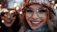 Young Caucasian woman wearing glasses and winter hat smiling outdoors with blurred friend in background. Bokeh lights create festive atmosphere.