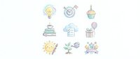 Cute pastel line art icons set featuring lightbulb, clock, cupcake, books, cloud, gift box, balloon, sun with pencil, plant and teacup on white background.