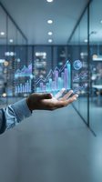 Businessman holding glowing holographic financial charts and graphs with upward trending data analytics in modern office environment for business growth and investment concepts.